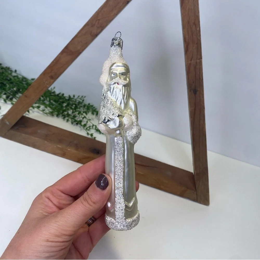 Vintage Czech Republic White Glitter Blown Glass Santa Christmas Tree Ornament